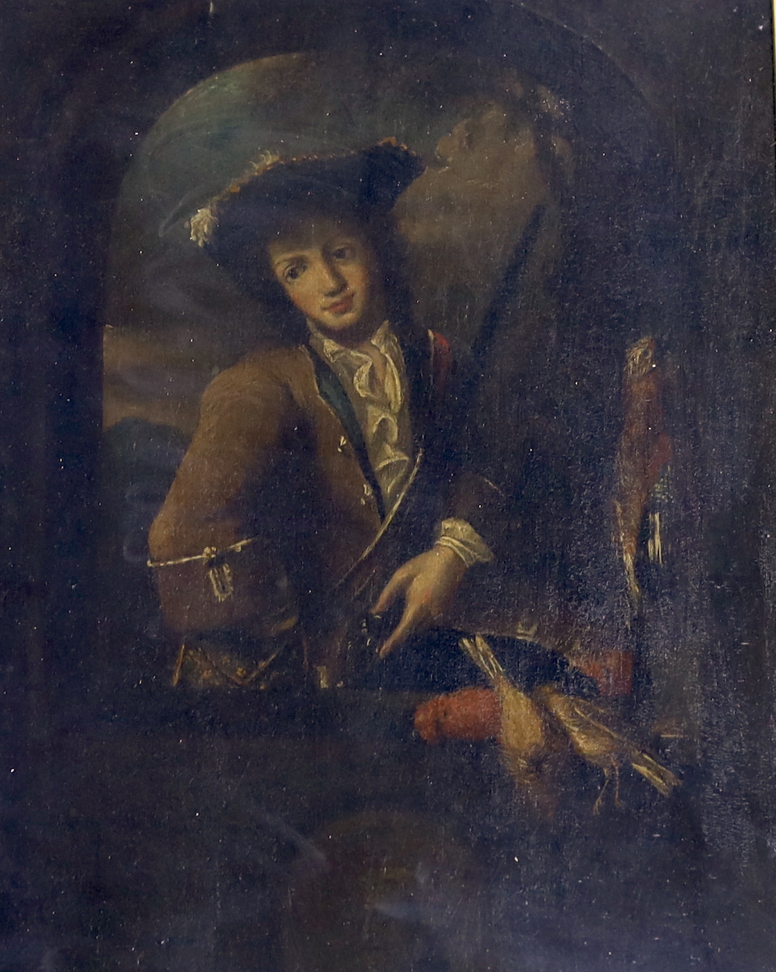 Manner of Francois Boucher (French, 1703-1770), oil on wooden panel, Portrait of a gentleman with game, applied plaque to the frame, 31 x 24cm